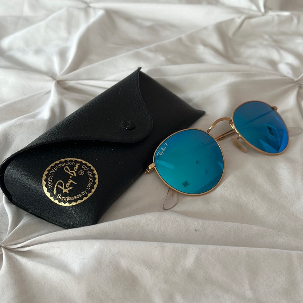 Ray Bans Polarized Circle Sunglasses Blue with Gold Frame